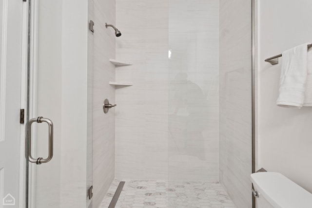 bathroom with a stall shower and toilet