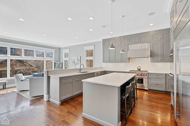 kitchen featuring extractor fan, dark wood-style flooring, a sink, high end stainless steel range, and gray cabinets