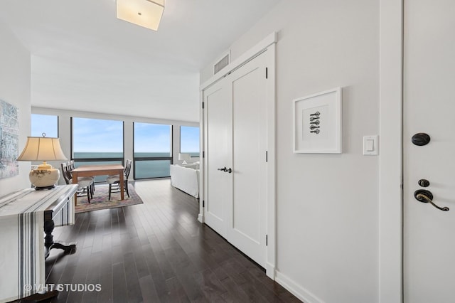 hall featuring dark wood-type flooring, expansive windows, visible vents, and baseboards