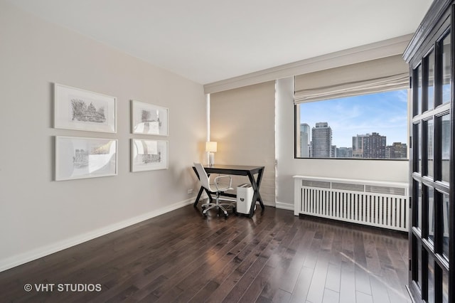 sitting room with radiator, a view of city, baseboards, and wood finished floors