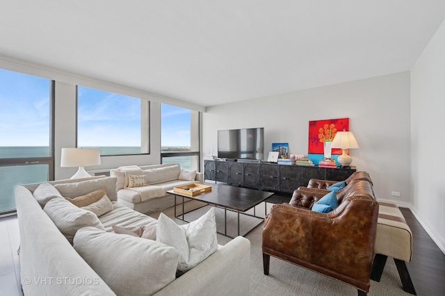 living room featuring a water view, baseboards, and wood finished floors