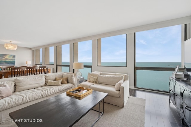 living area featuring a water view, an inviting chandelier, and wood finished floors