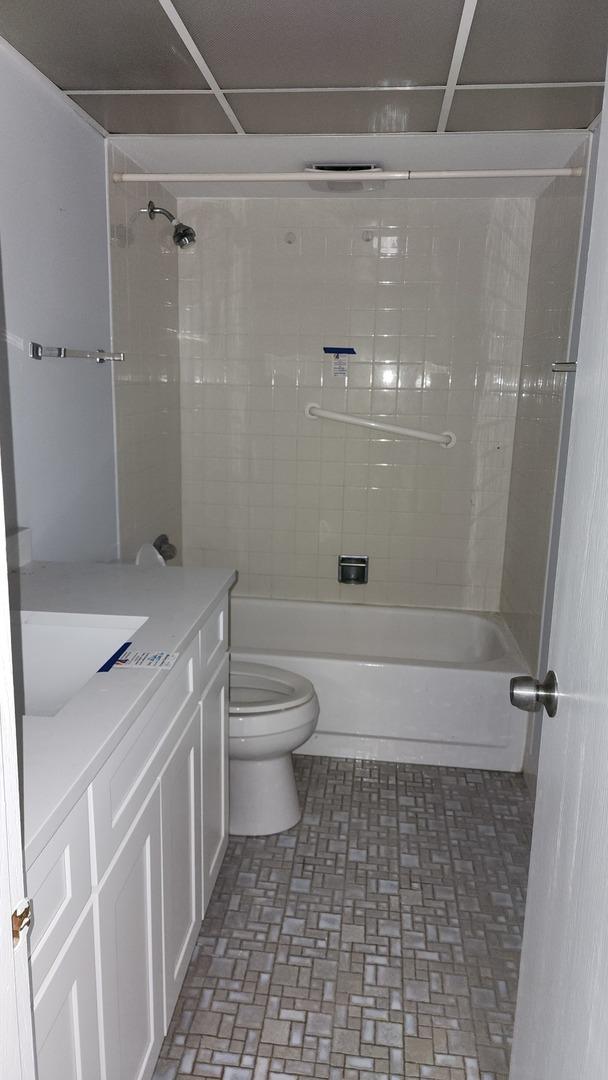 bathroom with vanity, toilet, and washtub / shower combination