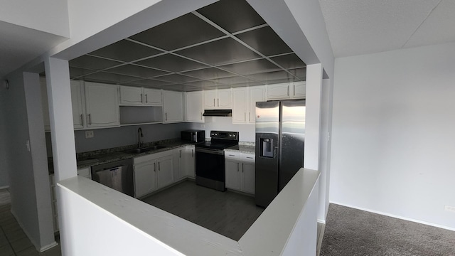 kitchen featuring dishwashing machine, black / electric stove, stainless steel fridge with ice dispenser, a sink, and under cabinet range hood