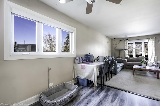 living room featuring a healthy amount of sunlight, ceiling fan, baseboards, and wood finished floors