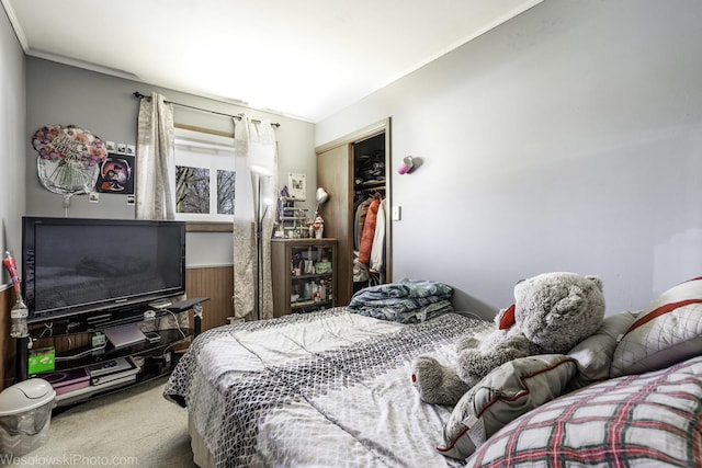 bedroom with wainscoting, a closet, and carpet