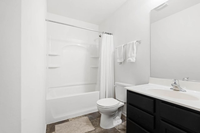 bathroom with vanity, toilet, and shower / bathtub combination with curtain