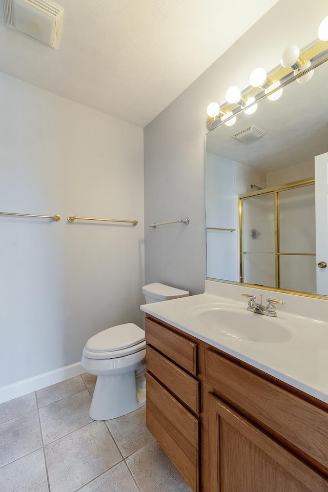 full bath featuring toilet, a stall shower, visible vents, and tile patterned floors