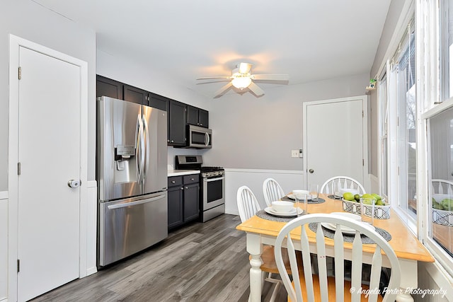 kitchen with ceiling fan, light countertops, appliances with stainless steel finishes, and wood finished floors