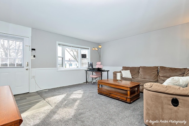 living room featuring wood finished floors and wainscoting