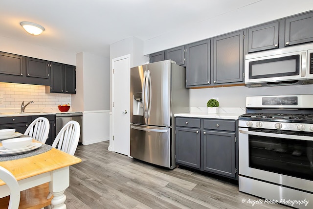 kitchen with light wood-style flooring, appliances with stainless steel finishes, a sink, gray cabinetry, and backsplash