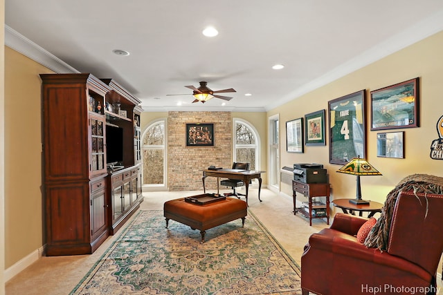 living area featuring ornamental molding, recessed lighting, ceiling fan, and baseboards