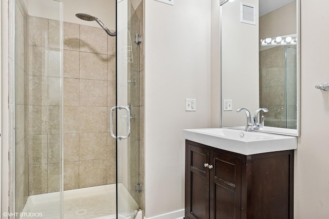 full bathroom with visible vents, a shower stall, and vanity