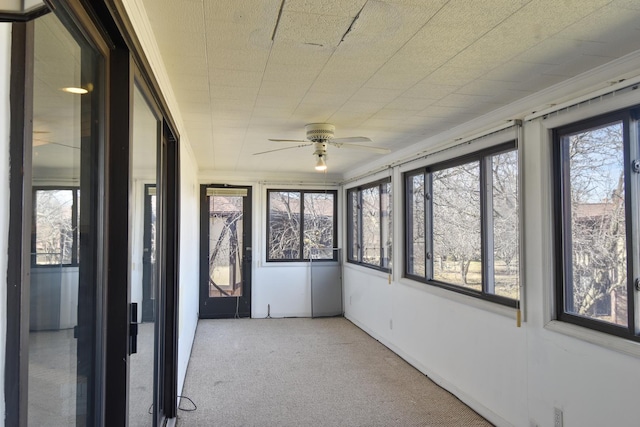 unfurnished sunroom featuring ceiling fan