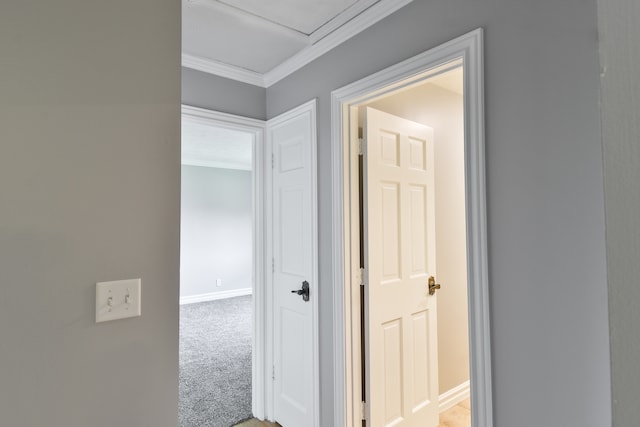 208 Carol Ct Unit A2, Pontiac, IL 61764 - hall featuring ornamental molding, baseboards, and light colored carpet