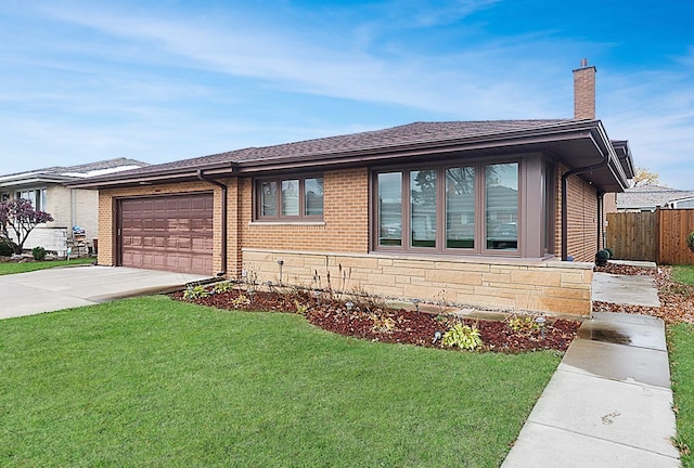 ranch-style home with an attached garage, brick siding, concrete driveway, stone siding, and a chimney