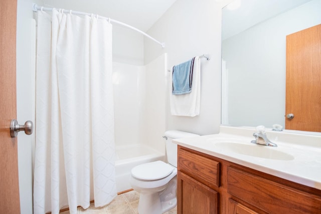 full bath featuring toilet, shower / bath combination with curtain, and vanity