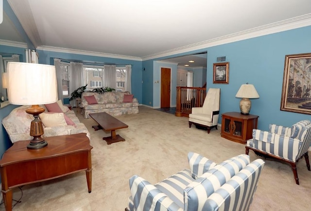 carpeted living room with crown molding and baseboards