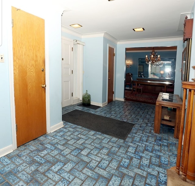 interior space featuring brick floor, baseboards, and ornamental molding