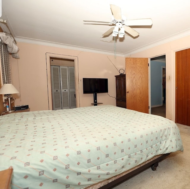 bedroom with carpet floors, a ceiling fan, and crown molding