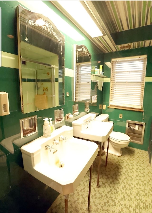 bathroom featuring toilet, a shower stall, plenty of natural light, and a sink