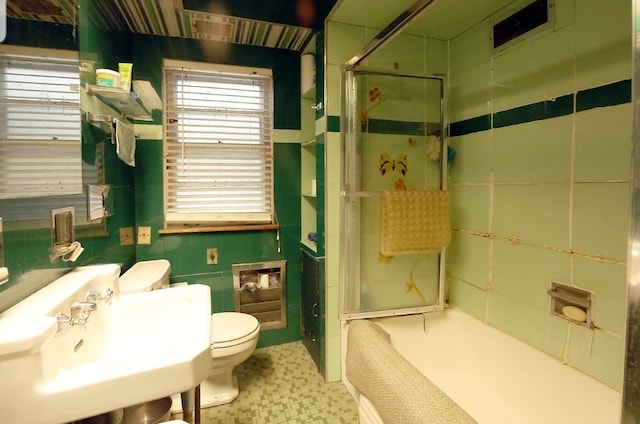 full bathroom with a shower stall, toilet, and a sink