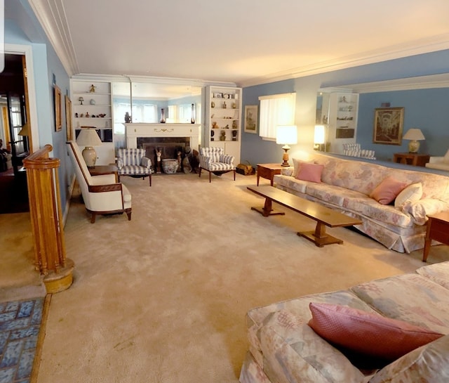 carpeted living area featuring ornamental molding and a fireplace