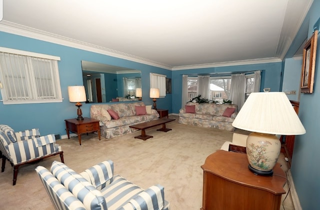 carpeted living area featuring baseboards and crown molding