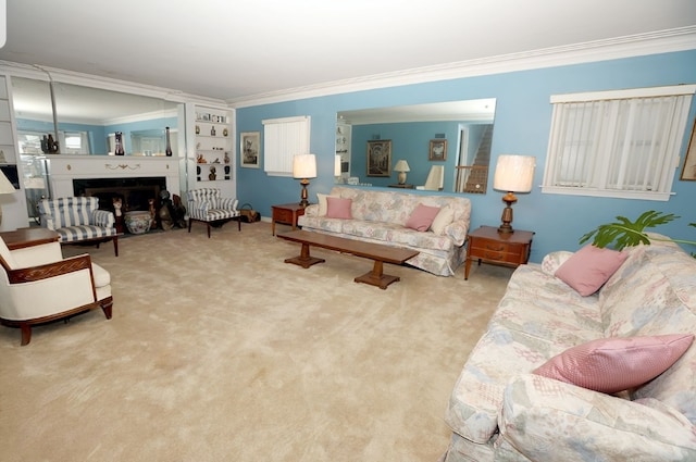 living room featuring carpet flooring, a fireplace, and crown molding