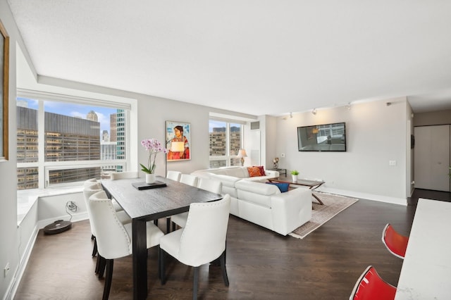 dining space with baseboards and dark wood-style flooring