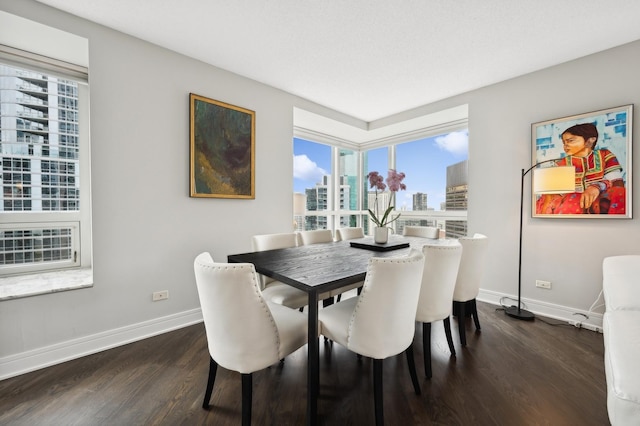 dining space with dark wood-style floors, a view of city, and baseboards