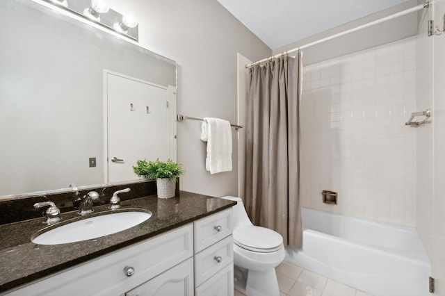 bathroom with toilet, tile patterned floors, shower / bathtub combination with curtain, and vanity