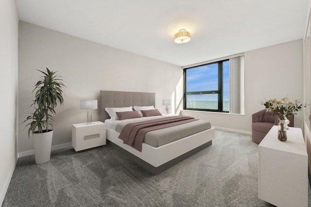 bedroom with dark colored carpet and baseboards