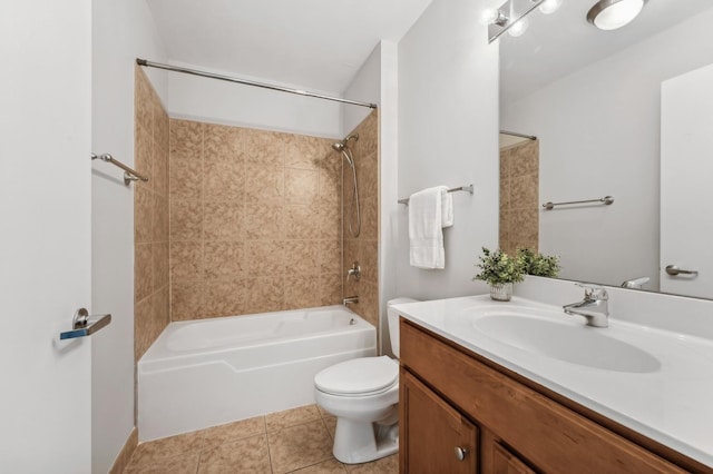 bathroom with washtub / shower combination, vanity, toilet, and tile patterned floors