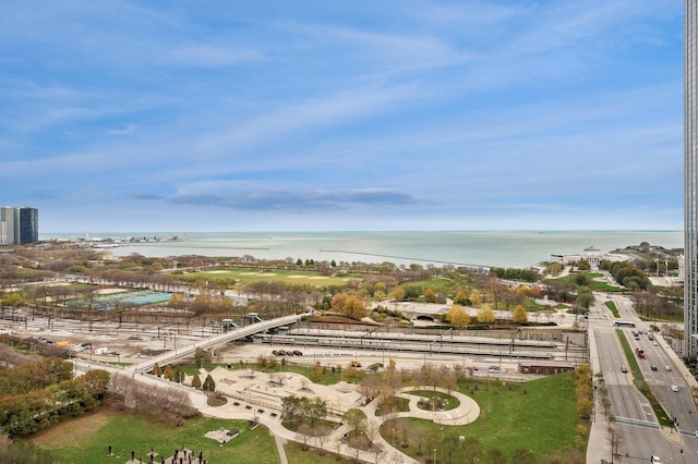 aerial view featuring a water view