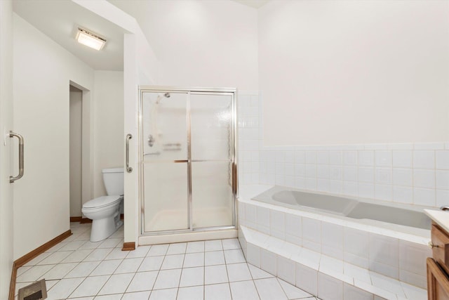 bathroom featuring toilet, a garden tub, a shower stall, and tile patterned floors