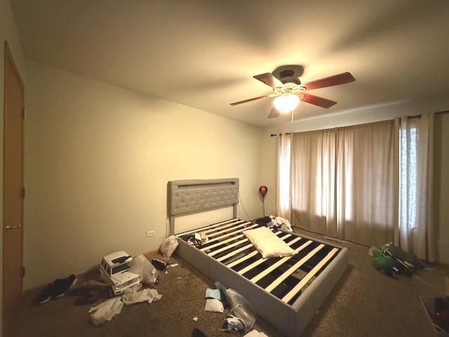 bedroom with a ceiling fan and carpet flooring