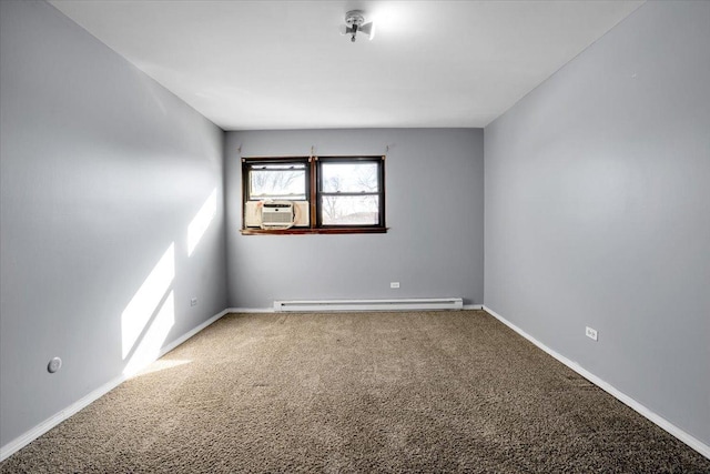 carpeted empty room featuring baseboards, baseboard heating, and cooling unit