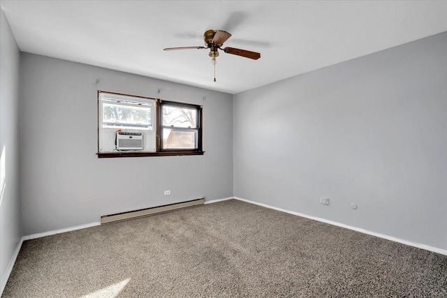 carpeted empty room with a ceiling fan, baseboards, a baseboard heating unit, and cooling unit