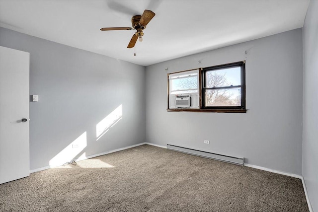 carpeted spare room featuring a baseboard heating unit, cooling unit, a ceiling fan, and baseboards