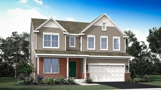 view of front of home with board and batten siding, brick siding, driveway, and an attached garage