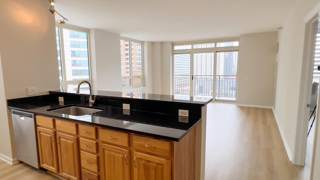 kitchen with dishwasher, plenty of natural light, a sink, and light wood-style flooring