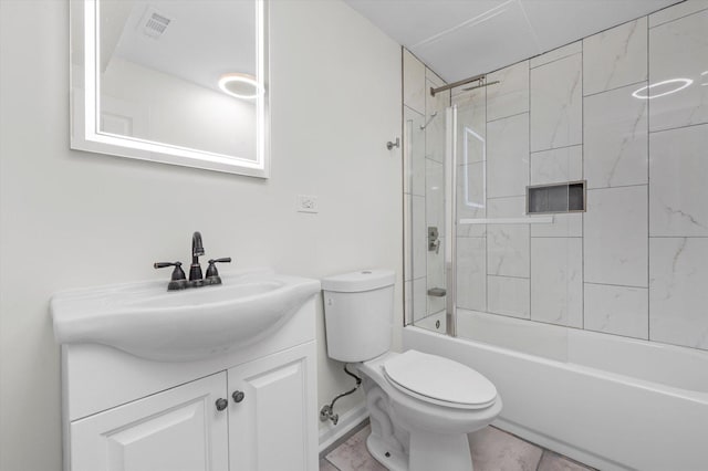 bathroom with visible vents, vanity, toilet, and bathing tub / shower combination