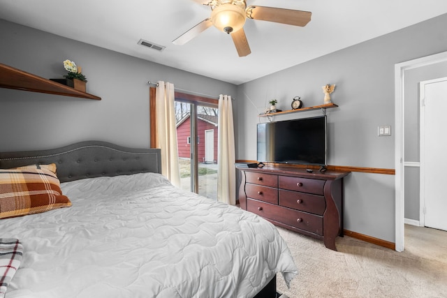 bedroom with baseboards, visible vents, light colored carpet, ceiling fan, and access to outside