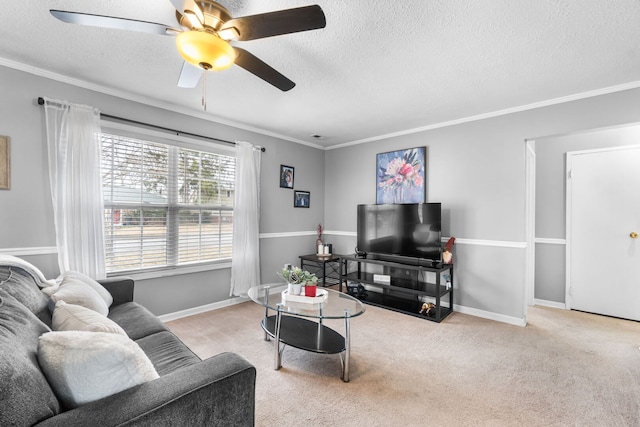 living area featuring a textured ceiling, carpet floors, ornamental molding, and baseboards