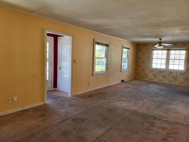 empty room featuring ornamental molding, a wealth of natural light, and carpet flooring