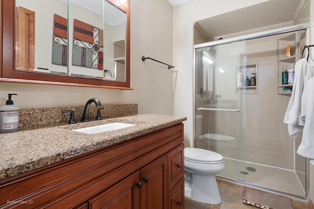 bathroom with toilet, a stall shower, tile patterned floors, and vanity