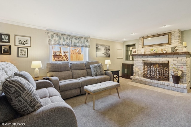 carpeted living area featuring a fireplace and ornamental molding