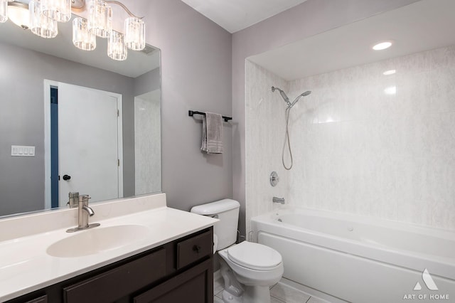 bathroom with toilet, bathtub / shower combination, a notable chandelier, and vanity