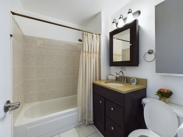 full bathroom with toilet, vanity, shower / bath combination with curtain, and tile patterned floors